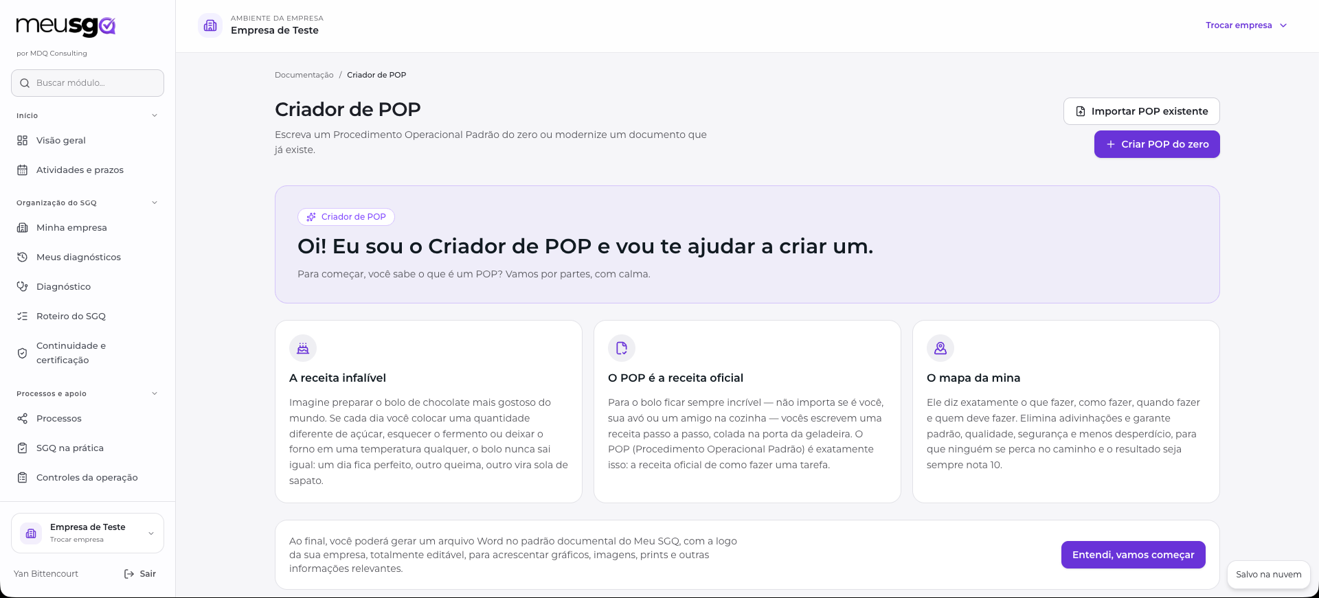 Tela do sistema Meu SGQ: Criador de POP com orientações para criar ou importar um Procedimento Operacional Padrão