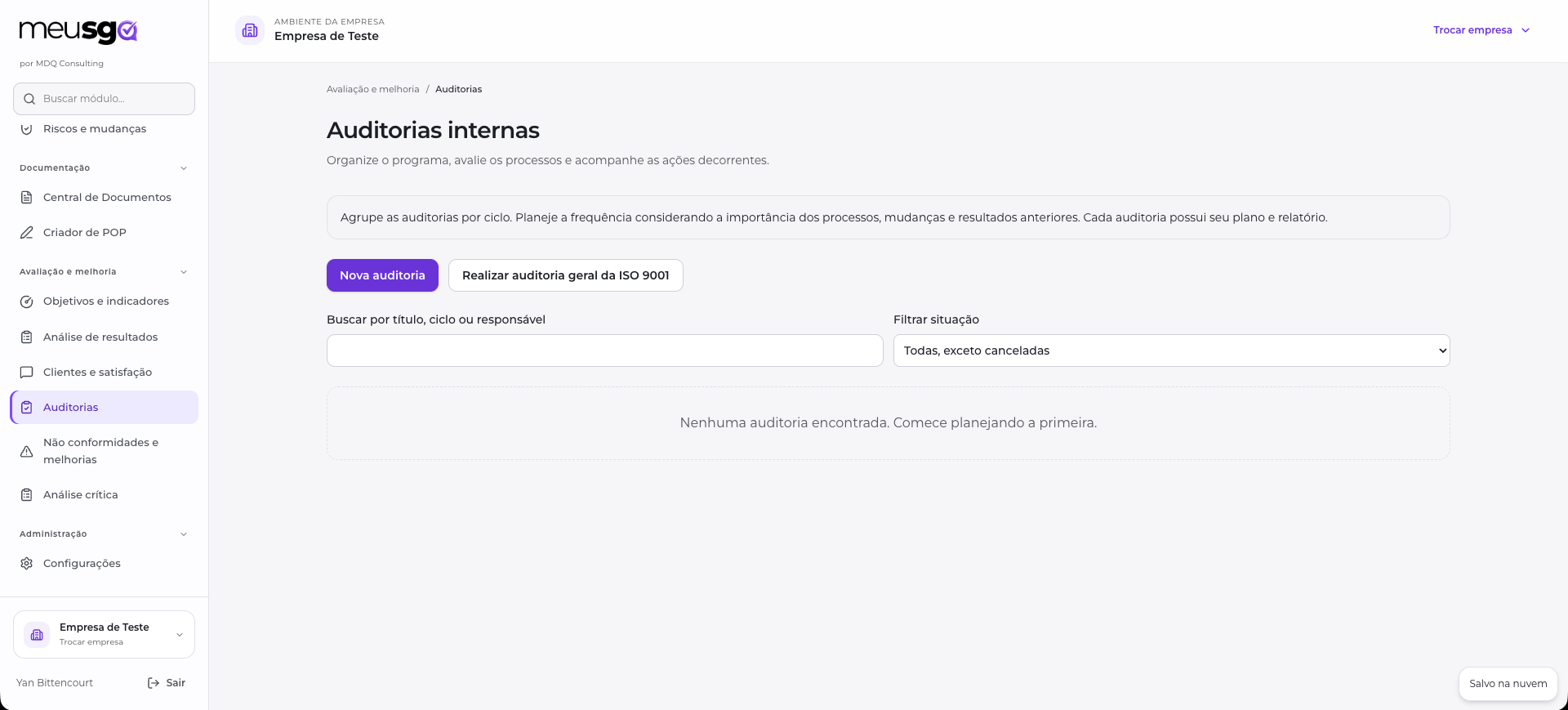 Tela do sistema Meu SGQ: módulo de auditorias internas, com planejamento por ciclo, filtros e relatórios